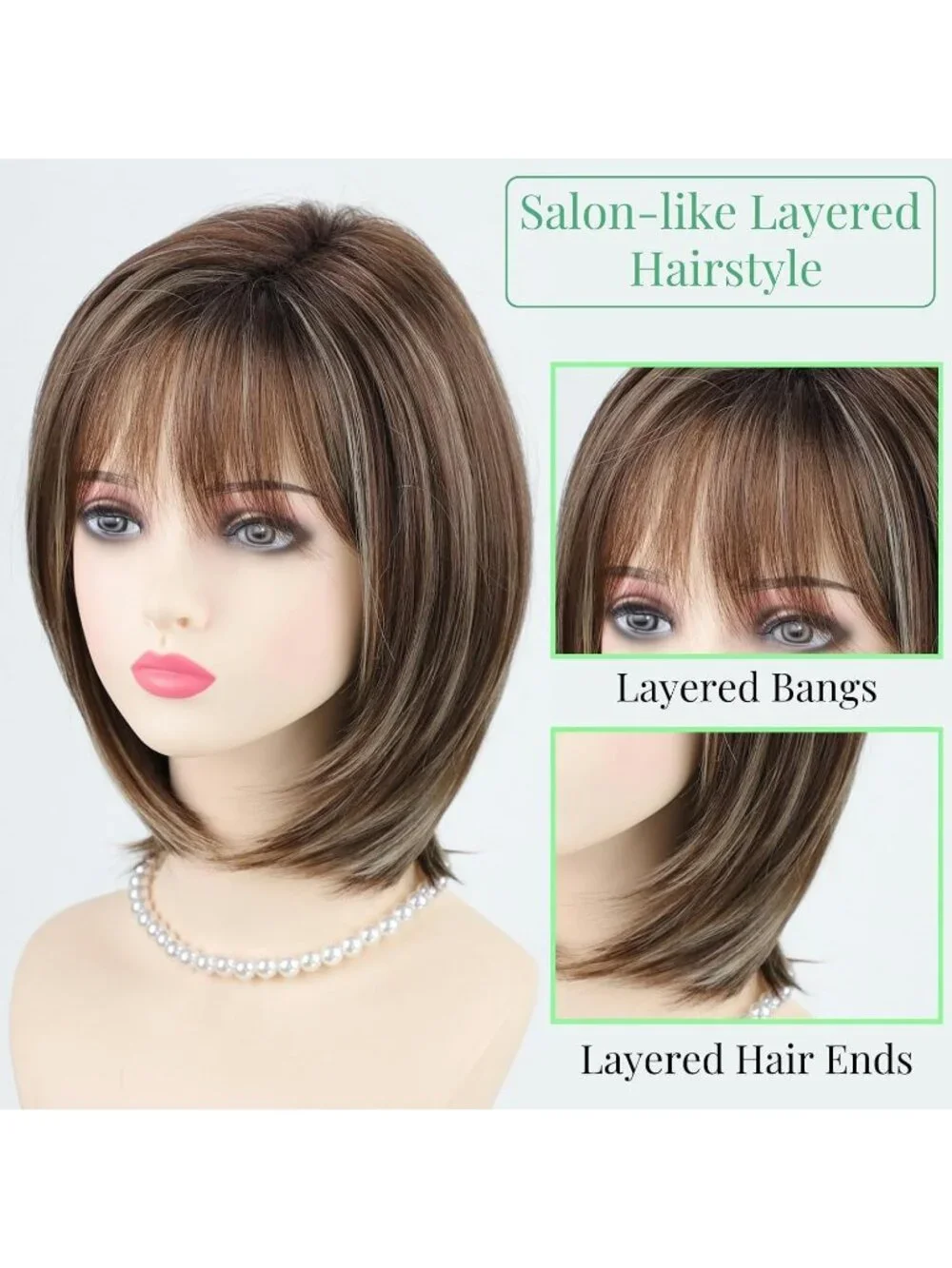 Women Brown Blonde 1 12 Inch Mid Length Heat Synthetic Straight Layered Bob Wigs